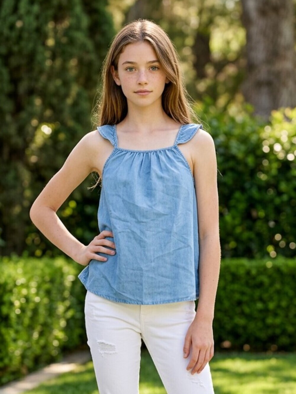 NWT Thereabouts Light Blue Chambray Girls' Flutter Sleeve Tank Top Reg & Plus